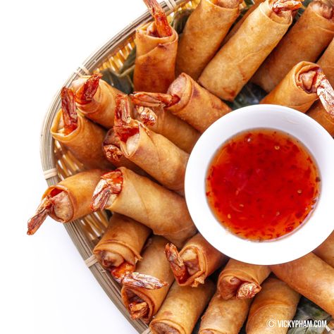 Vietnamese Shrimp & Pork Egg Rolls (Cha Gio Tom Thit) — Vicky Pham Vietnamese Egg Rolls, Vietnamese Shrimp, Shrimp Egg Rolls, Firecracker Shrimp, Sweet Chili Dipping Sauce, Vietnamese Pork, Pork Egg Rolls, Shrimp Spring Rolls, Shrimp Rolls