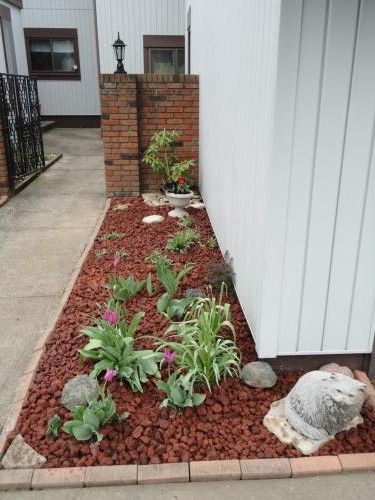 Red lava rock for around the foundation of the house to keep moisture away. Red Rock Landscaping Ideas, Red Lava Rock Landscaping Ideas, Red Lava Rock Landscaping, Lava Rock Landscape, Rock Flower Beds, Colorado Garden, Boho Backyard, Budget Landscaping, Landscaping Around House