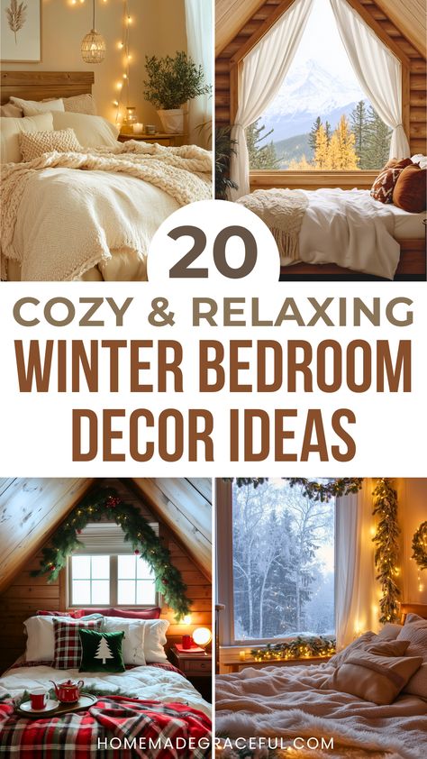 winter bedroom decor ideas Winter Decor For Bedroom, Winter Wonderland Bedroom Decor, Christmas In Bedroom, Winter Bedroom Decor Ideas, Cozy Bed Set Up, Cozy Winter Bedroom Ideas, Warm Cosy Bedroom Ideas, Winter Bedroom Decor Cozy, Winter Mood Cozy