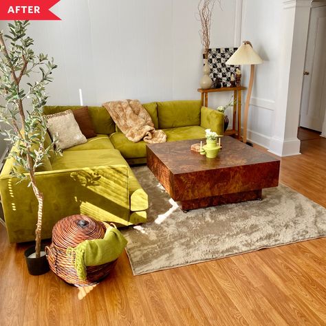 Neutral Glam Living Room, Oakland Apartment, Zen Bed, Color Tile Backsplash, Bold Kitchen, Moving Apartment, Eclectic Dining, Colorful Bedding, Round Sofa