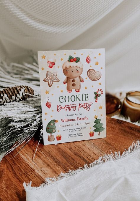 Christmas Cookie Birthday Party, Cookies With Santa Birthday Party, Hosting Christmas Cookie Baking Party, Gingerbread Party Invitations, Christmas Cookie Party Invitations, Holiday Cookie Decorating, Christmas Cookie Decorating Party, Christmas Cookie Decorating, Cookie Birthday