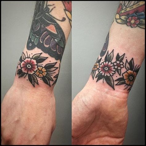 Traditional Tattoo Wrist, Traditional Tattoo Arm, Arm Cuff Tattoo, Wrist Band Tattoo, Cuff Tattoo, Traditional Tattoo Inspiration, Flower Wrist Tattoos, Traditional Tattoo Sleeve, Arm Band Tattoo