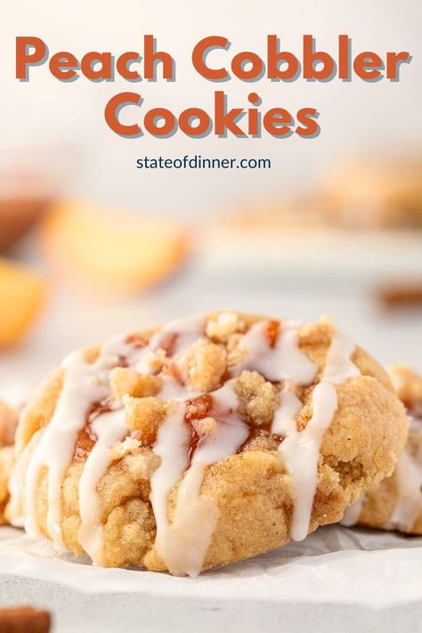 These Peach Cobbler Cookies are an impressive summertime treat! They taste like grandma's classic peach cobbler but as a cookie. Fair warning: These cookies are so good you might need to hide them, or they could disappear in minutes! Fresh Peach Cookies, Cherry Cobbler Cookies, Peach Pie Cookies, Irresistible Peach Cobbler Cookies, Peach Cobbler Biscuits, Peach Cobbler Cookies Recipe, Small Peach Cobbler, Peach Cobbler Cookies, Desserts Peach