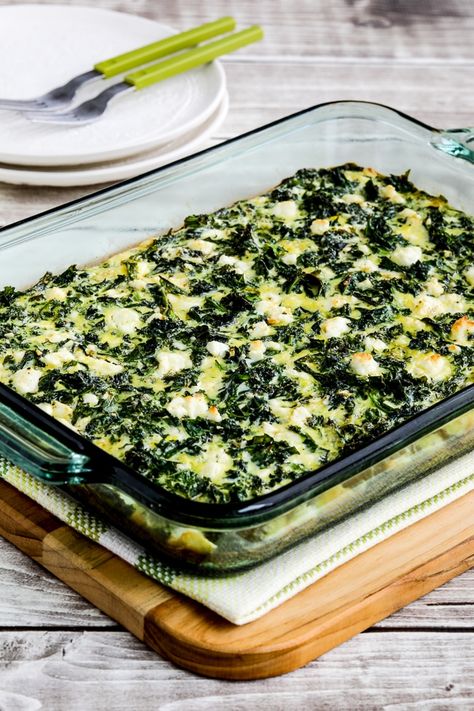 Kale and Feta Breakfast Casserole – Kalyn's Kitchen Feta Egg Casserole, Feta Breakfast, Kale Feta, Low Carb Breakfast Casserole, Feta Cheese Recipes, Gluten Free Vegetarian Recipes, Feta Recipes, Kale Recipes, Egg Casserole