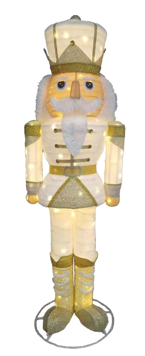 A traditional holiday icon, the nutcracker, in bright and elegant colors. Perfect addition to porches or entry ways. Pop up construction for easy assembly. Fully lit with warm white LED lights. Holiday Living 6-ft White & Gold Nutcracker | ES79-042A Elegant Outdoor Christmas Decorations, Black Nutcracker, Nutcrackers Display, Gold Nutcracker, Barbie Nutcracker, Nutcracker Christmas Tree, Rustic Artwork, Christmas Bazaar, Quirky Christmas