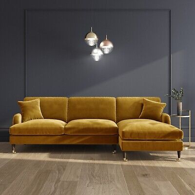 Mustard Velvet Right Hand Facing Sofa - Payton SOF191 | eBay Velvet L Shaped Sofa, Mustard Sofa, Brick Living Room, Velvet Corner Sofa, Small Sectional Sofa, Gorgeous Sofas, Yellow Sofa, Shaped Sofa, Sofa Seats