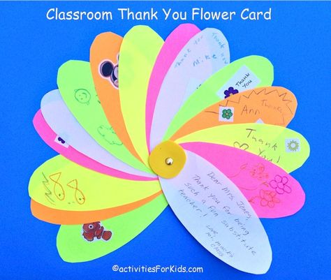 Classroom printout - thank you from the class for substitute teachers or guest speakers.  Printable at ActivitiesForKids.com Class Thank You Card, Diy Cards For Teachers, Birthday Gifts For Teachers, Counselors Week, Teacher Items, Teacher Appreciation Diy, Flower Kids, Teacher Appreciation Gifts Diy, Pastor Appreciation