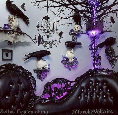 Aurelio Voltaire’s living room is so perfect! 🖤💜 . #Goth #gothic #gothichome #homeinspo #decor #skulls #raven #occult #witches… Halloween Living Room, Gothic Room, Gothic Bedroom, Gothic Furniture, Horror Decor, Goth Home, Goth Home Decor, Disney Home Decor, Goth Decor