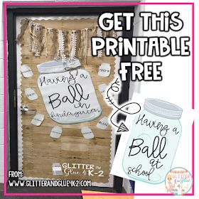 Glitter and Glue 4 K-2: Having A Ball at School: Door Decor Tutorial Mason Jar Bulletin Board Ideas, Mason Jar Classroom Decor, Farmhouse Classroom Door Ideas, Farmhouse Bulletin Board Ideas, Farmhouse Bulletin Board, Farmhouse Library, Classroom Door Ideas, Free Classroom Printables, Jar Printable