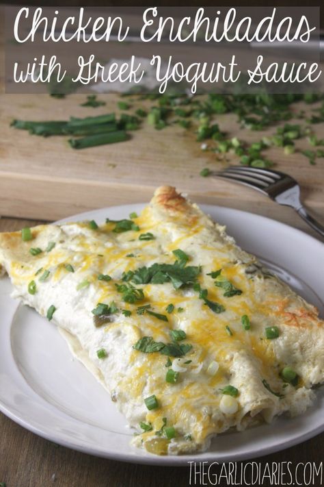 Chicken Enchiladas with Greek Yogurt Sauce -- TheGarlicDiaries.com Enchiladas With Greek Yogurt, Greek Yogurt Sauce, Greek Yogurt Chicken, Yogurt Chicken, White Chicken Enchiladas, Weight Watchers Chicken, Greek Yogurt Recipes, Baby Niece, Yogurt Sauce