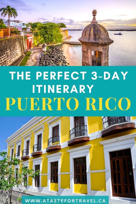 A collage of a colonial house and a historic building in San Juan with text overlay of the Perfect 3-Day Itinerary for Puerto Rico. Hotels Architecture, Puerto Rico Itinerary, Carolina Puerto Rico, Beach Caribbean, Puerto Rico Trip, Puerto Rico Vacation, 3 Days Trip, Caribbean Vacation, Bucket List Vacations