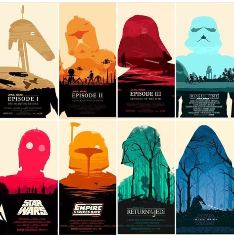 Cool Artwork of Star Wars Movies.  Originals were done by Olly Moss and the prequels, TFO and RO we're done by other artists.  #starwars #jedi #starwarsart #starwarsposters Star Wars Poster Design, Star Wars Illustration Minimalist, Star Wars Mural, Star Wars Travel Posters, Star Wars Stencil, Star Wars Poster Art, Olly Moss, Star Wars Art Print, Starwars Jedi