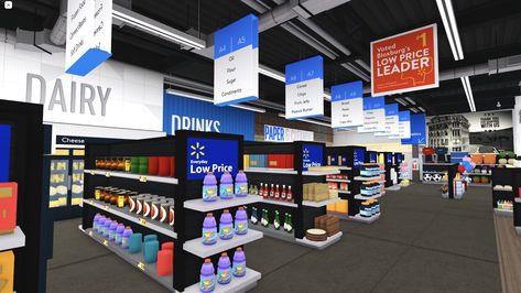 Stores Bloxburg Ideas, How To Make A Shopping Cart In Bloxburg, Store Layout Bloxburg, Bloxburg City Shop Ideas, Bloxburg Grocery Store Interior, Bloxburg Store Layouts, Walmart Bloxburg, Bloxburg Convenience Store Decal Codes, Stores Bloxburg