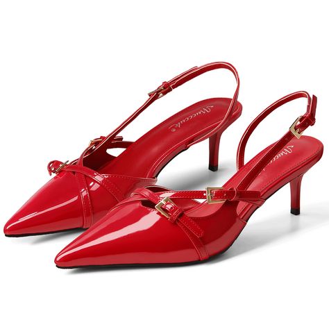 PRICES MAY VARY. 2-1/2" Kitten Heels: Experience elegance with our 2.36 inch low heels, designed to provide just the right lift for all-day comfort Red Heels: Stand out in our stunning red pumps. The vibrant color adds a bold touch to any outfit Slingback Heels: Enjoy breathable comfort with backless slingback pumps. The chic design elastic band ensures a secure fit, ideal for long days and stylish nights Pointed Toe Heels: Enhance your silhouette with our red pointy toe pumps. The sleek design Red Heels Outfit Classy, Red Heels Outfit, Kitten Heels Outfit, Red Kitten Heels, Pointy Heels, Heeled Pumps, Fall 24, Red Pumps, Slingback Heels