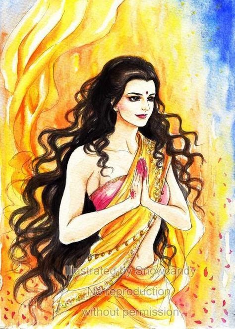 Draupadi, in the hindu epic Mahabharata is the proteagonist and the consort of the five Pandava brothers—Yudhishthira, Bhima, Arjuna, Nakula and Sahadeva. She is noted for her beauty, courage and a rare polyandrous marriage. She and her brother, Dhrishtadyumna, were born from a yajna (fire sacrifice) organized by King Drupada of Panchala. Arjuna won her hand in marriage, but she had to marry the five brothers because of her mother-in-law's misunderstanding. Later, she became the empress as... Rama Hanuman, Female Heroines, Krishna Hindu, Sita Ram, Art Indian, Beautiful Art Paintings, Vedic Art, Hinduism Art, Female Art Painting