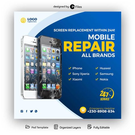 Mobile Phone Repair Social Media Flyer Post Template Free PSD - PsFiles Phone Repair Flyer, Adobe Illustrator Graphic Design, Social Media Flyer, Banner Ads Design, Flyer Ideas, Laptop Repair, Mobile Phone Repair, Psd Template Free, Free Photoshop