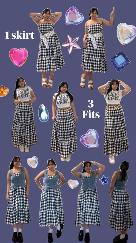 Gingham skirt, denim vest, graphic tee, black loafers, maxi skirt, maxi dress, fashion ideas, ootd, clothing inspo, girly outfit, simple outfits, easy outfit, cute outfit, y2k outfit Check Dress Outfit, Gingham Skirt Outfit, Checked Skirt Outfit, Denim Vest Outfit, Gingham Outfit, Girly Outfit, Outfit Simple, Check Skirt, Gingham Skirt