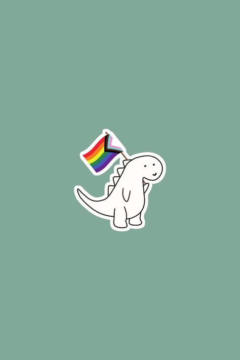 Cute dino with pride flag wallpaper sage green aesthetic, cartoon style dinosaur Progress Flag Wallpaper, Subtle Queer Wallpaper, Agender Pride Wallpaper, Progress Pride Flag Aesthetic, Dinosaur Lesbian Flag, Hidden Lgbtq Wallpaper, Dinosaur Pride Flags, Dinosaur Wallpaper, Gay Aesthetic