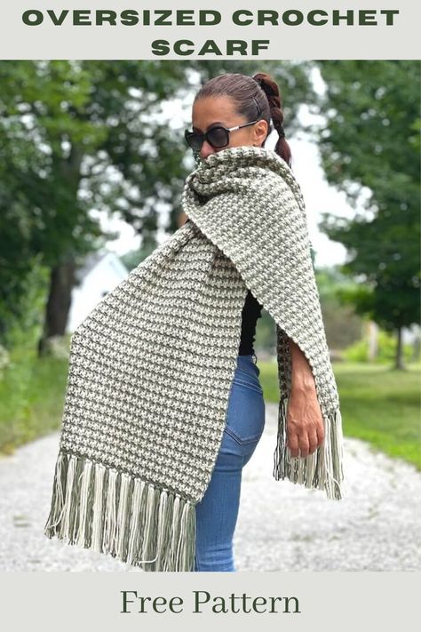 woman wearing a giant crochet scarf Crochet Blanket Scarf, Crochet Mens Scarf, Chunky Crochet Scarf, Super Scarf, Crochet Scarf Pattern Free, Modern Crochet Patterns, Crochet Shawl Pattern Free, Crochet Goodies, Modern Crochet