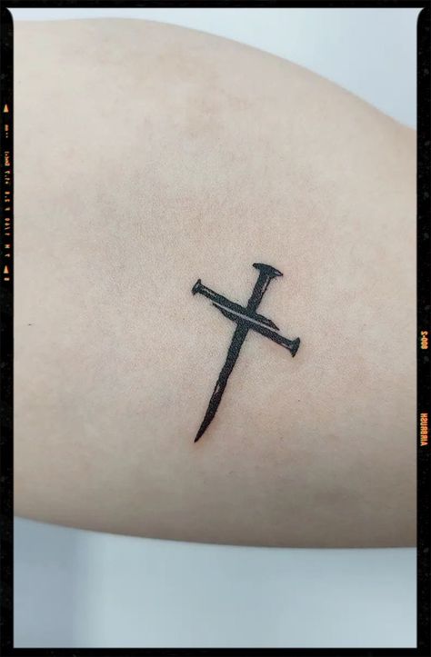 Three Nails Cross Tattoo, 3 Nails Cross Tattoo, Cross Minimalist Tattoo, Small Cross Tattoo For Men, Small Wrist Tattoos For Men, Cross Tattoos Men, Nail Cross Tattoo, Upside Down Cross Tattoo, Cross Hand Tattoo