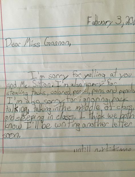 Greatest apology letter to their teacher (my cousin Carrie, btw...) from a very self aware young person. Apology Letter To Teacher, Apology Letter, Letter To Teacher, Teacher Notes, My Cousin, So True, Quick Saves