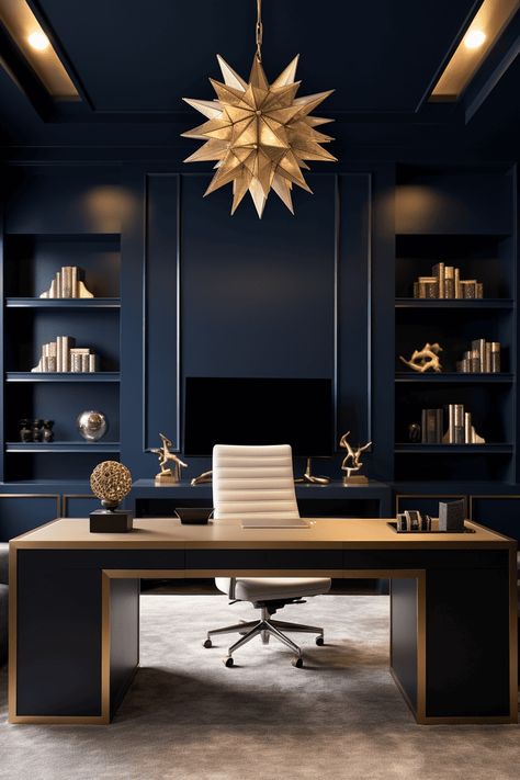 Blue Wall Office Ideas, Blue And Gold Home Office, Dark Blue Office Walls, Navy Office Ideas, Office Blue Walls, Dark Blue Study, Office Back Wall Design, Navy Office Decor, Navy Blue Office Ideas