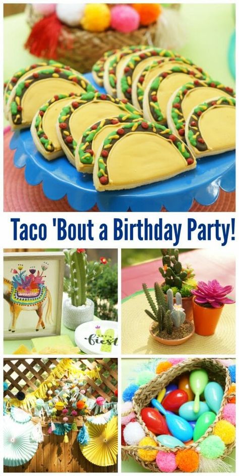 Taco ‘Bout a Birthday Party! Fiesta Party Snacks, Taco Bout It Party, Taco Night Party Ideas, Mexican Food Birthday Party Ideas, Taco Bar Birthday Party Kids, Burrito Birthday Party, Fiesta Birthday Cake Ideas, Taco Bout A Birthday Party, Taco Birthday Party Decorations