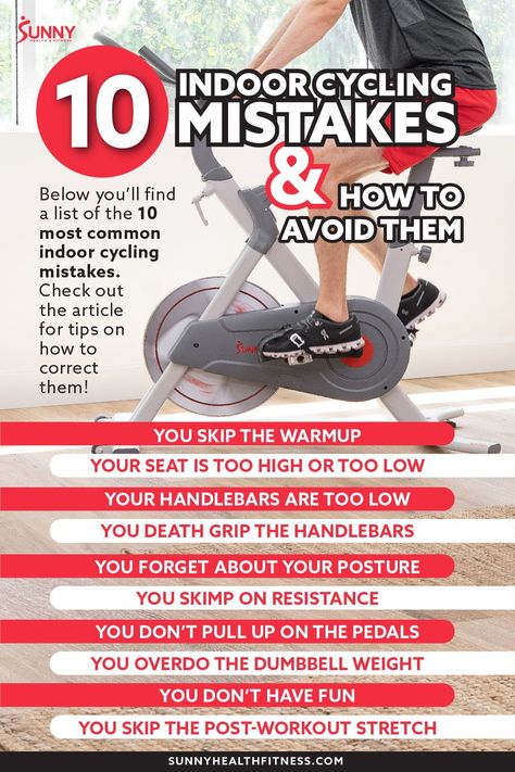 Indoor cycling is an unbelievably fun way to get a heart-pumping, calorie-burning cardiovascular workout! But there are a few common mistakes that may be holding you back from having an effective and safe ride. Above you'll find 10 top mistakes during indoor cycling workouts, check out the article to learn how to correct them. #sunnyhealthfitness #cycling #indoorcycling #indoorcyclingmistakes #indoorcyclingtips Stationary Bike Workouts, Calorie Cycling, Bike Workouts, Stationary Bike Workout, Post Workout Stretches, Cardio Challenge, Indoor Cycling Workouts, Indoor Bike Workouts, Bicycle Workout