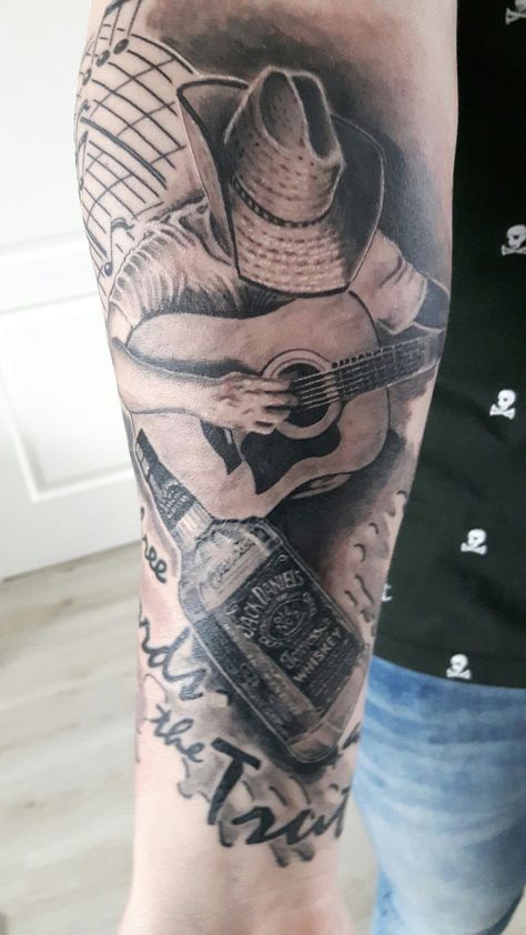 Country Music Sleeve Tattoo, Western Music Tattoo, Cowboy Sleeve Tattoo For Men, Country Music Tattoos Ideas, Western Arm Sleeve Tattoo, Country Tattoos For Men, Country Tattoos For Guys, Cowboy Sleeve Tattoo, Country Music Tattoos