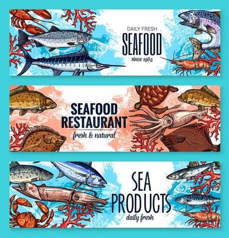 Vector seafood banners of sketch fresh fish. Seafood and fresh fish restaurant o #Sponsored , #Affiliate, #affiliate, #seafood, #sketch, #Seafood, #banners Frozen Food Packaging, Creative Cv Template, Fish Gallery, Fish Restaurant, Crab Print, Ppt Slides, Photoshop Design Ideas, Powerpoint Slides, Fish Illustration