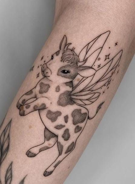 Angel Cow Tattoo, Cow With Fairy Wings Tattoo, Flying Cow Tattoo, Animal With Wings Tattoo, Fairy Cow Tattoo, Cute Bull Tattoo, Baby Cow Tattoo, Cute Cow Tattoo, Cow Tattoos