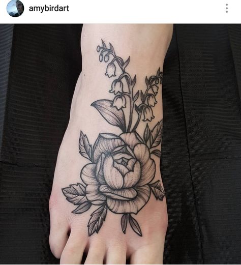 Dotwork peony and lily-of-the-valley foot tattoo by Amy Williams Tattoo @amybirdart Peony And Lily Of The Valley Tattoo, Peony Foot Tattoo, Rose And Lily Of The Valley Tattoo, Lily Of The Valley And Rose Tattoo, Foot Tattoo Quotes, Tattoo Stars, Grandma Tattoo, Lily Of The Valley Tattoo, Water Lily Tattoos