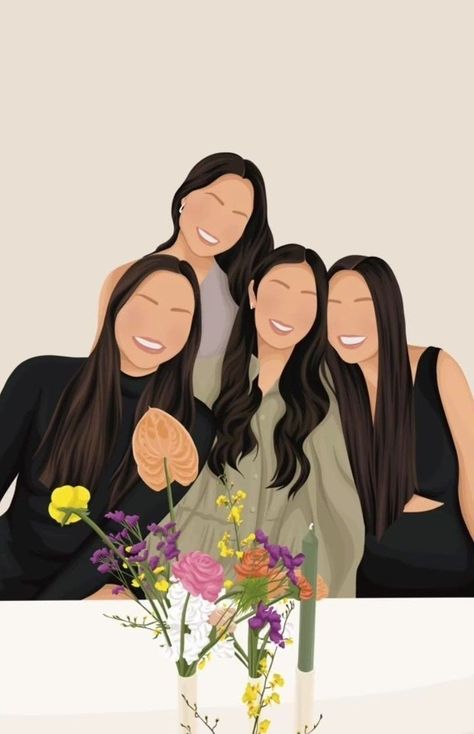 4 Sisters Drawing, 4 Friends Illustration, Friends Illustration Art, Highlights Cover Instagram Friends, Faceless Illustration, Sisters Drawing, Canvas Art Gifts, Friends Sketch, Love Cartoon Couple