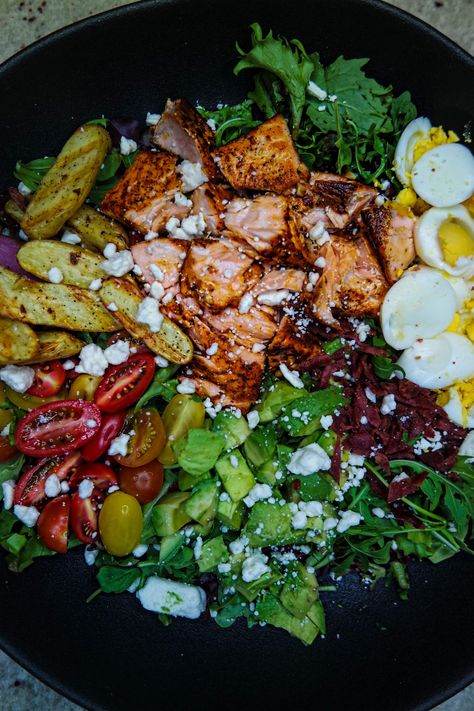 Salmon Cobb Salad - Rushing to the Kitchen Salmon Cobb Salad, Salad Salmon, Cobb Salad Recipe, Dijon Dressing, Bacon Eggs, Salmon Salad, Half Baked Harvest, Cooking Salmon, New Cookbooks