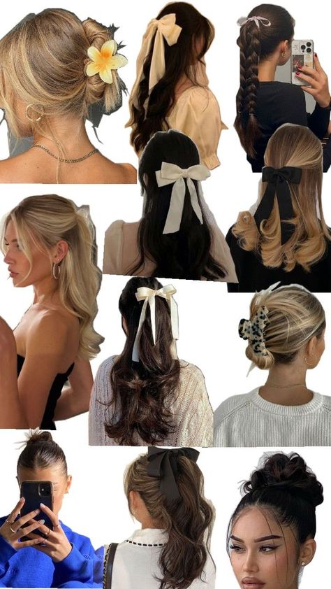 This pin includes easy, quick, cute, and trendy summer hairstyle ideas for women. These hairstyles are suitable for long, short and medium hair lengths. Keep up with the summer hair trends with these ideas! Hairstyles W Ribbon, Easy Coquette Hairstyles, Ribbon Hairstyles Aesthetic, Aesthetic Ribbon Hairstyles, Easy Hairstyles With Ribbon, Short Hair Styles With Bow, Hairstyles For Bows, 90s Aesthetic Hairstyles, Short Hair Ribbon Hairstyles