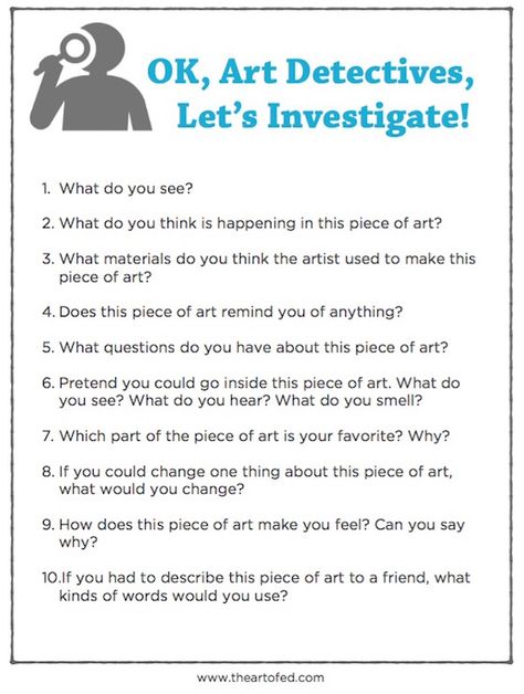 Play Art Detective to Strengthen Your Students' Critical Thinking Skills - Click for free download! Art Questions For Students, Elementary Art Critique, Art Of Questioning, Analysing Art, Art Questions, Detective Costume, Art Assessment, Art Rubric, Art Analysis