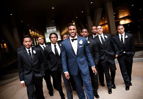 Cool blue tux for the groom with the groomsmen in navy suits and ties ~ we ❤ this! moncheribridals.com Groomsman Poses, Blue Groomsmen Attire, Black Groomsmen Suits, Blue Tuxedo Wedding, Black Tuxedo Wedding, Wedding Suits Men Black, Blue Groomsmen, Groomsmen Poses, Blue Tux