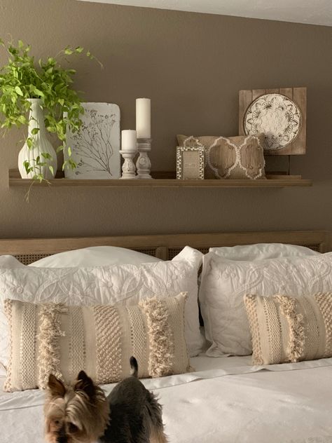 On Top Of Bed Decor, Long Shelf Above Bed Decorating Ideas, Shelf Above King Bed, Floating Shelves Behind Bed, Large Shelf Over Bed, Over Bed Wall Decor Farmhouse, Above Bed Floating Shelf, Overbed Shelf Ideas, Shelf Decor Over Bed