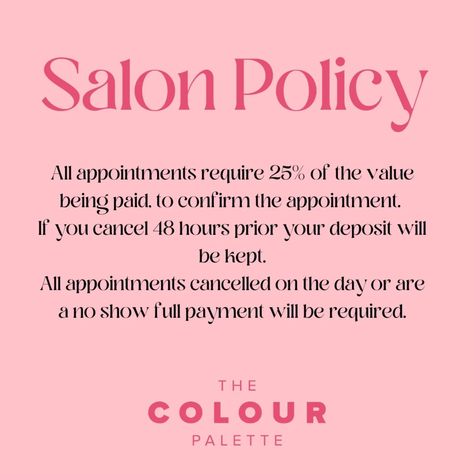 𝕊𝕒𝕝𝕠𝕟 ℙ𝕠𝕝𝕚𝕔𝕪 I have reposted my salon policy. Please give at least 48 hours notice if you no longer require your appointment, to give me time to try and fill the appointment slot. You no show or cancel last minute, I don't get paid, I'm self employed, there is no boss that will still pay my wages, salon bills, or my bills at home. This is my job, not a hobby. This would be like your boss asking you to work a full day but only pay for half or not at all. Thank you for your continued su... Cancellation Policy Salon, Salon Policy, Self Employed, Beauty Salon Decor, Cancellation Policy, Salon Decor, My Job, Me Time, Beauty Salon