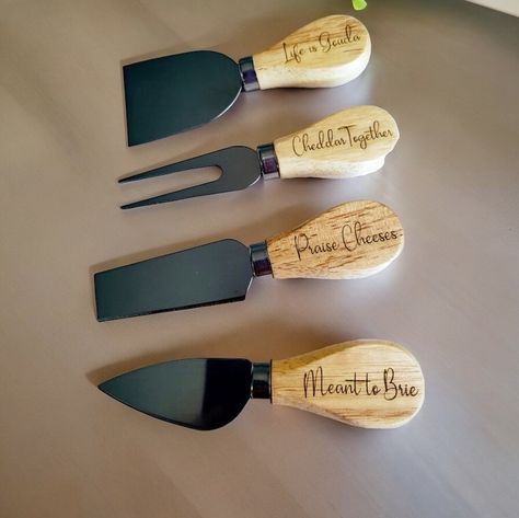 Add some fun to your cheeseboard with these cute cheese knives with cute sayings (or monogram) on the handles from Galilee Life Vendor: Custom Create By Terri ❣️ Search Funny Cheese Knives or shop via the following link: https://galilee-life.com/product/funny-cheese-knives-with-sayings/ Cheese Knives, Wood Burning, Cute Quotes, Some Fun, Handles, Monogram, Cheese, Instagram Posts, Wood