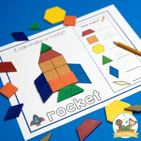 Pattern Block Activities Space Shapes Preschool, Space Pattern Blocks, Kindergarten Moon Activities, Space Fine Motor Activities Preschool, Space Pattern Block Mats, Outer Space Activities For Preschool, Space Preschool Activities, Preschool Rocket, Preschool Space Theme