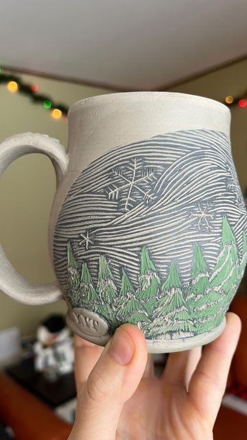 Melissa Gust on Instagram: "Part one: The Trees 🌲 🌲 Sequel coming soon to a theater near you 👀 This is basically the sound that plays in my head when I work. #processart #mnartist #winterpine #pinetrees #wip #sgraffito #inlay #sgraffitopottery #handcrafted #winterart" Sgraffito Mountains, Sgraffito Christmas, Clay Sgraffito, Clay Carving, Wheel Throwing, Tree Carving, Art Clay, Sgraffito, Winter Art