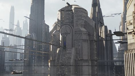 Starwars Aesthetics, Star Wars Coruscant, Star Wars Easter, Star Wars Easter Eggs, Worldbuilding Inspiration, Art Deco City, Castle Exterior, Star Wars Planets, Sci Fi Architecture