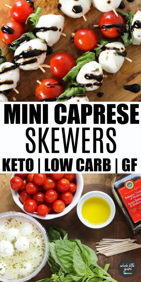 Keto Caprese skewers appetizer with balsamic glaze makes an easy no bake holiday appetizer recipe that's also a keto appetizer, low carb, gluten free, and vegetarian. Makes a great healthy snack too! Keto Caprese, Vegan Cheese Substitute, Caprese Appetizer, Caprese Salad Skewers, Caprese Bites, Keto Holiday Recipes, Skewer Appetizers, No Cook Appetizers, Holiday Appetizers Recipes