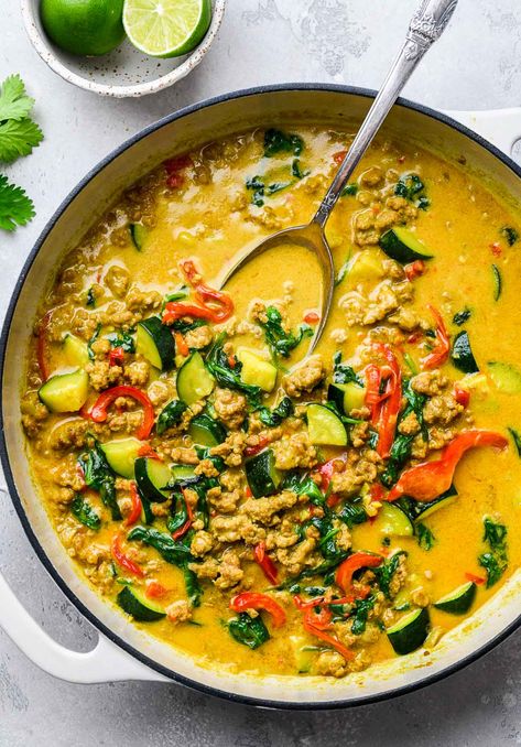 Chinese Ground Turkey, Ground Turkey Curry Coconut Milk, Ground Turkey Coconut Milk, Spinach And Ground Turkey Recipes, Ground Turkey Kale Recipes, Ground Turkey And Cauliflower Recipes, Turkey Curry Recipes, High Fiber Dinner Recipes, Ground Turkey Curry