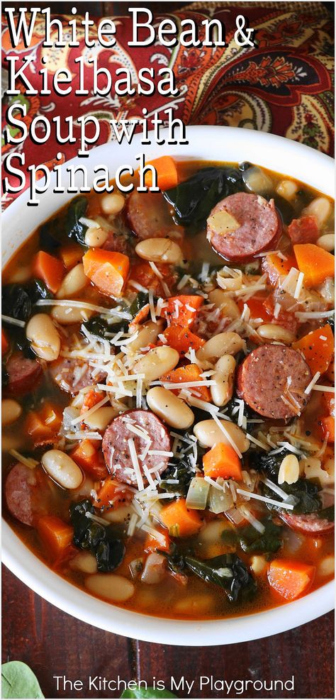 Top View of a Bowl of White Bean & Kielbasa Soup with Spinach Phyllo Tart, Zuppa Toscana Soup Olive Garden, Sausage Kale Soup, Soup Olive Garden, Kielbasa Soup, Black Eyed Pea Soup, Soup With Spinach, Sausage And Kale Soup, Kale Soup Recipes