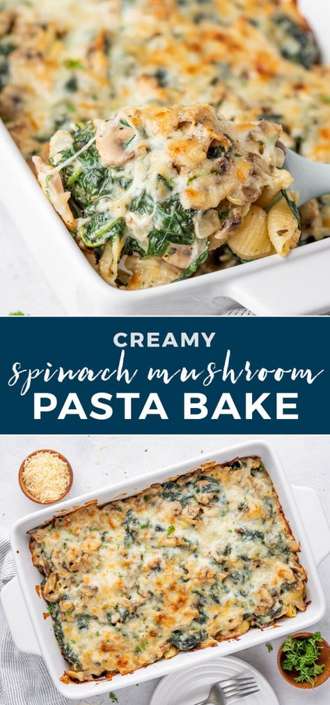 Creamed Spinach Dinner Ideas, Cream Spinach Pasta Recipe, Recipes For Dinner With Spinach, Cream Of Casserole, Creamed Spinach Pasta Recipe, Creamy Spinach And Rigatoni Bake, Garlic Parmesan Pasta With Spinach And Mushrooms, Easy Healthy Pasta Bake Recipes, Creamy Pasta Bake Vegetarian