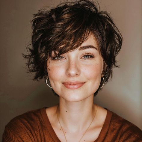 Long Pixie Perm, Meg Ryan Shag Haircut, Shaggy Short Bob Hairstyles, Short Shaggy Womens Haircuts, Short Haircuts No Styling, Shaggy Pixie Hairstyles, Short Wavy French Bob, Short Hair Styles Pixie Curly, Long Pixie Thick Hair