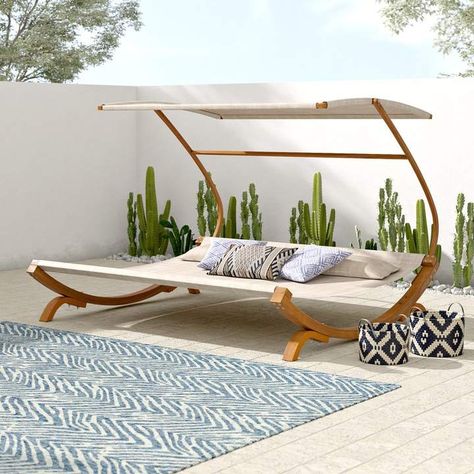 Mistana Tillis Double Teak Chaise Lounge with Cushion  | Scandinavian Interior Design | #scandinavian #interior Teak Chaise Lounge, Outdoor Cabana, Double Chaise Lounge, Patio Daybed, Outdoor Daybed, Chaise Lounges, Day Bed, Outdoor Chaise Lounge, Teak Outdoor