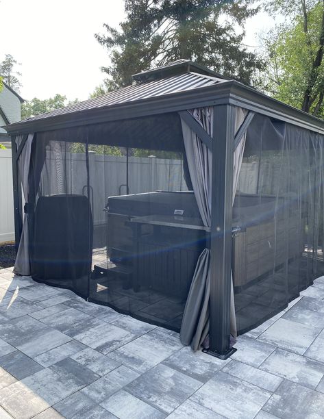 https://amzn.to/3p0Jh5o Screened In Hot Tub Area, Fire Pit Under Gazebo, Screen Gazebo Ideas Backyard, Screened Gazebo Ideas Backyard, Hot Tub Under Gazebo, Hot Tub Gazebo Ideas, Metal Roof Gazebo, Hot Tub Canopy, Hot Tub Shelters